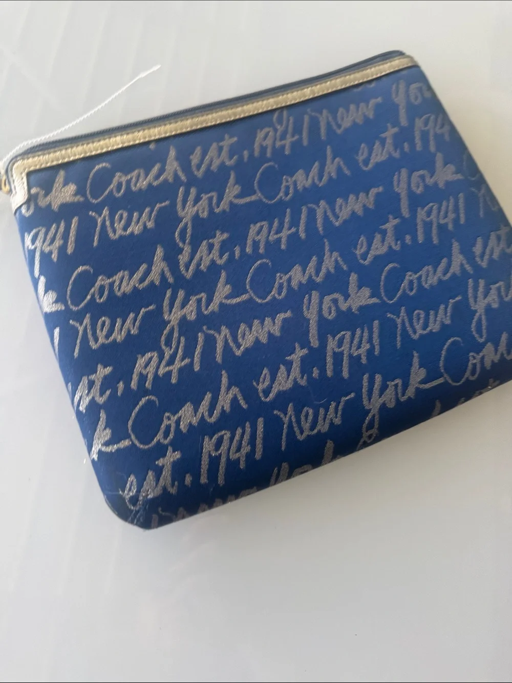 Coach Navy Script Signature padded clutch or iPad bag with Gold Heart Trim